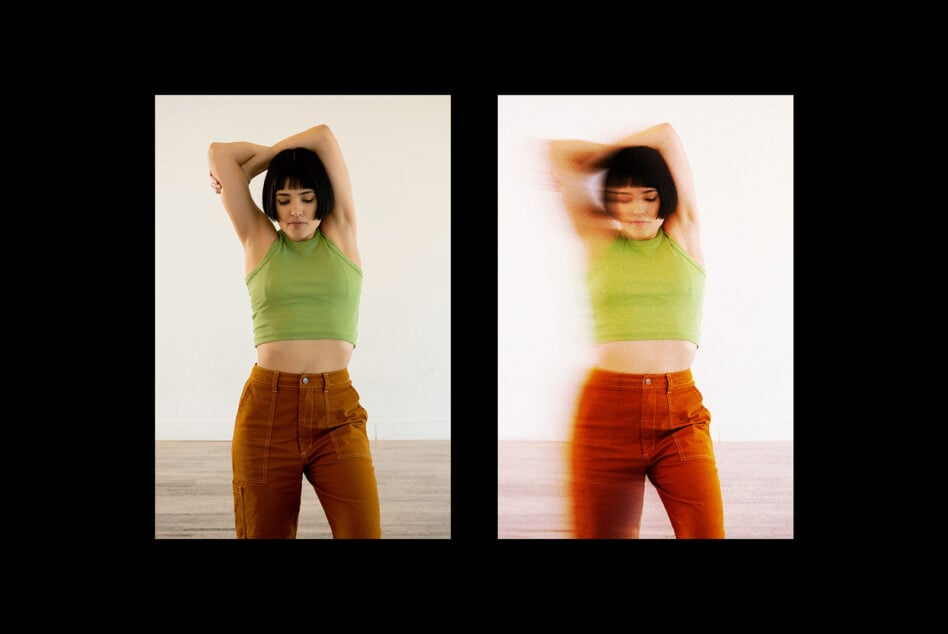 Before after split of portrait with warm grain overlay effect on right side