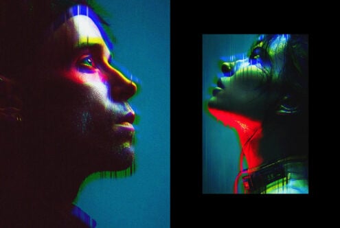 Digital artwork featuring side profiles in vibrant neon colors with glitch effect. Ideal for graphic design projects and templates in creative assets.