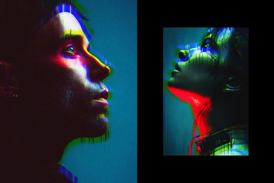 Two portraits with intense neon glitch, bearded man on left, person in red on right, heavy digital distortion