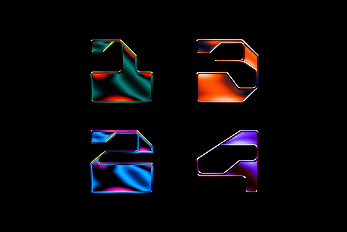 Futuristic holographic numbers 1 to 4 against black, digital typography font asset for designers, vibrant colors, graphic design resource, template use.