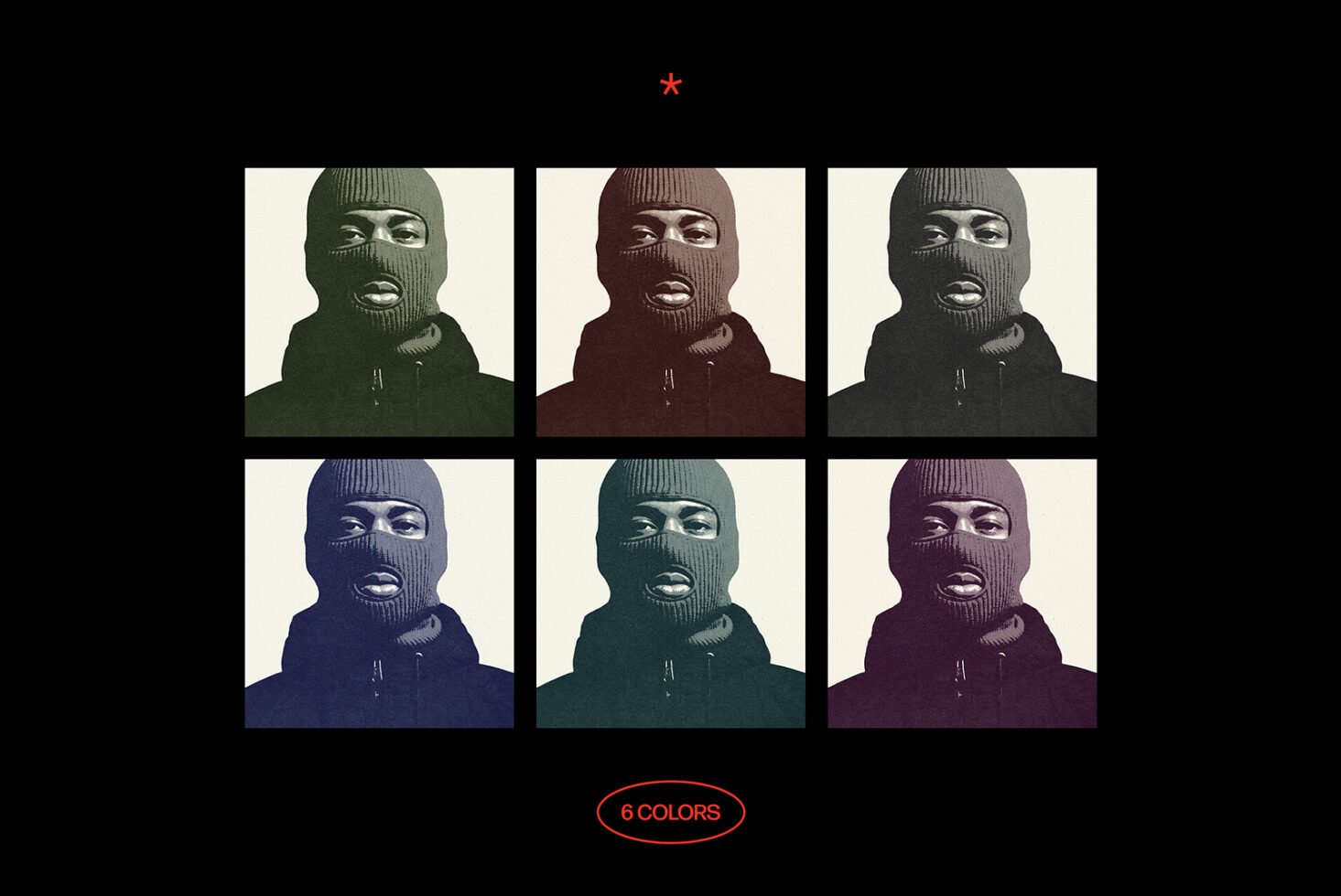 Pop art style digital artwork features six portraits of a person in a balaclava. Available in six colors, perfect for graphic design projects.