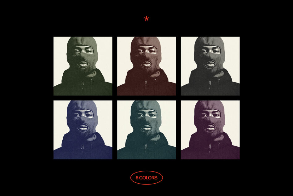 Six colorway variations of person in ski mask on black background
