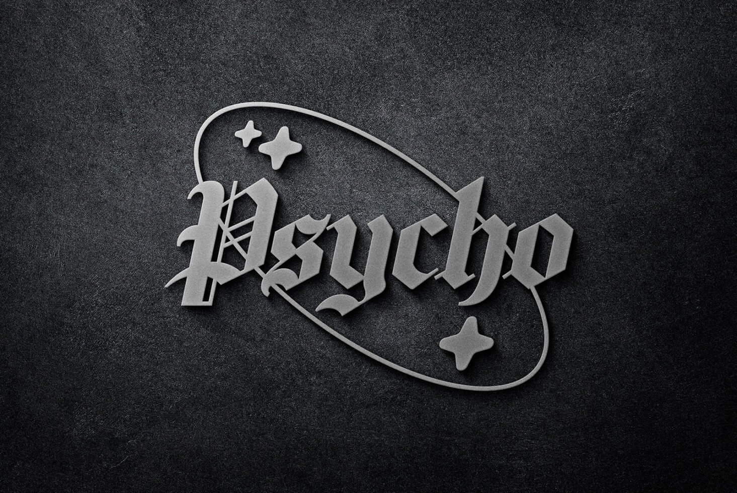 Gothic 3D logo mockup of the word Psycho with star accents on a dark textured background. Perfect for designers seeking unique logo templates.