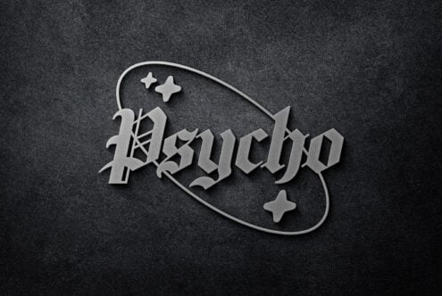 Gothic 3D logo mockup of the word Psycho with star accents on a dark textured background. Perfect for designers seeking unique logo templates.