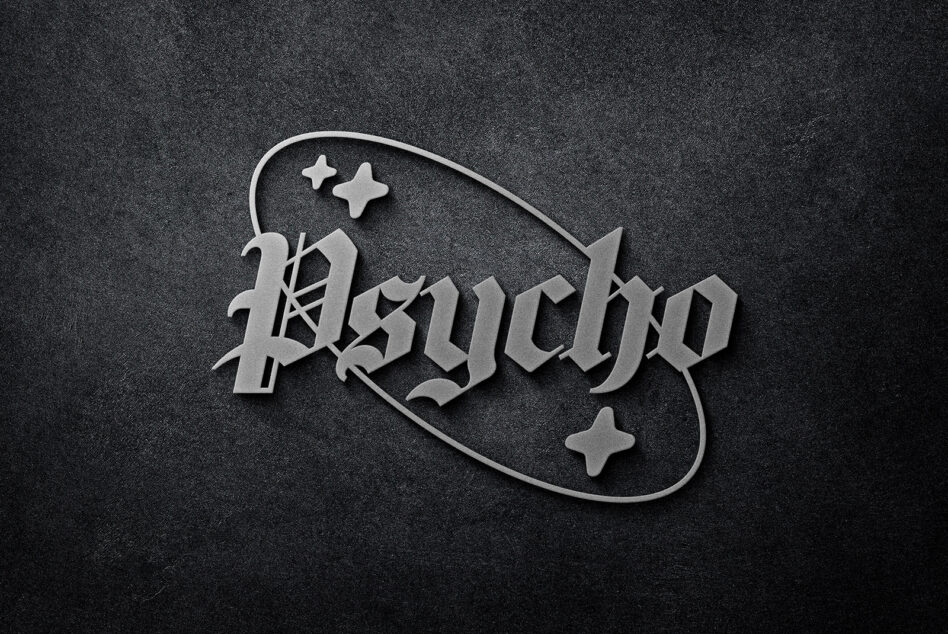 3D metallic gothic text with stars inside oval badge on dark textured background