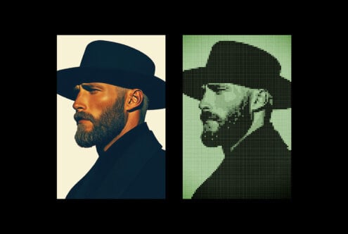 Side profile of a bearded man in a wide-brimmed hat, left photo realistic, right pixelated. Ideal for graphic design, mockup, template assets.
