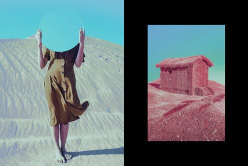 Surreal landscape with woman holding mirror in desert and textured house artwork. Perfect for graphic design projects and creative digital templates.