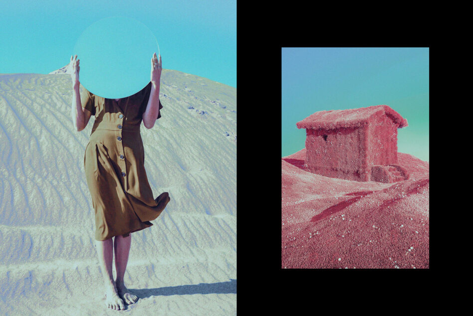 Surreal landscape with woman holding mirror in desert and textured house artwork. Perfect for graphic design projects and creative digital templates.