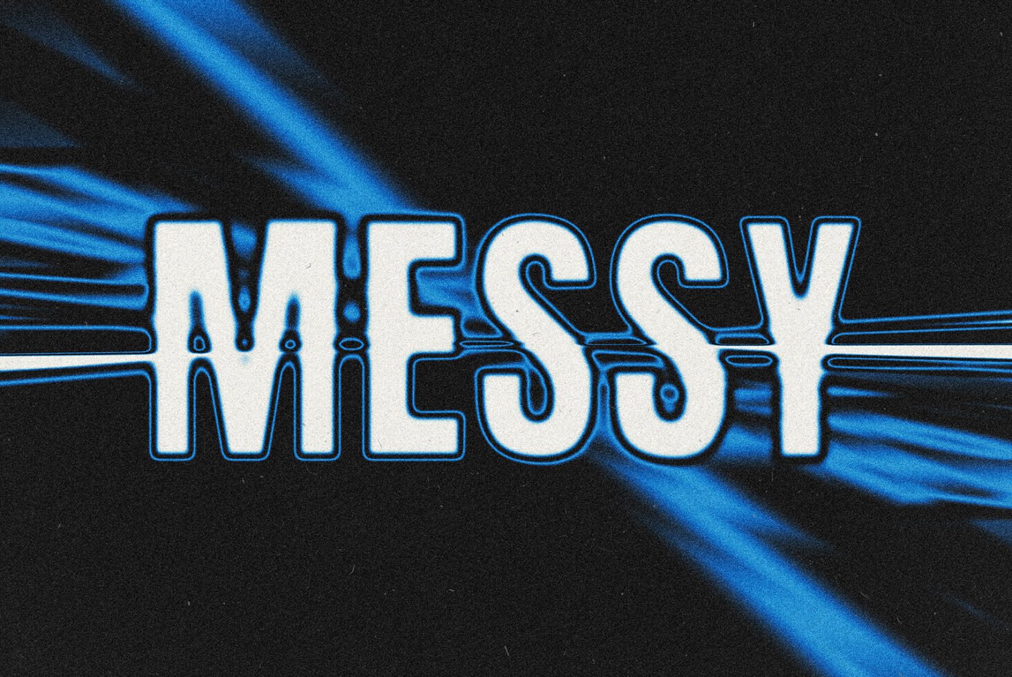 Dynamic typography design with word Messy in bold white text with blue accents on black background ideal for graphic design projects and templates