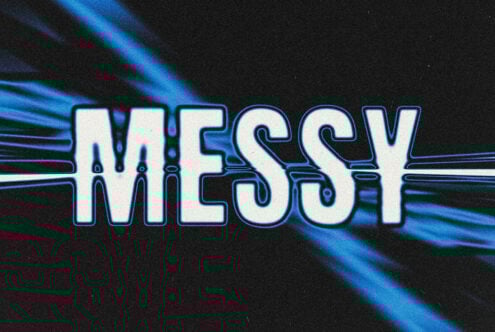 Dynamic typography design with word Messy in bold white text with blue accents on black background ideal for graphic design projects and templates