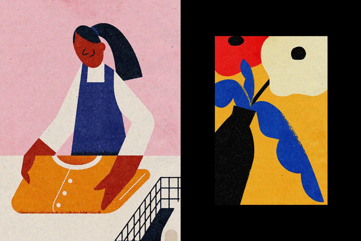 Abstract illustration with a person folding clothes and a colorful vase of flowers. Bold colors and geometric shapes. Suitable for graphic design projects.