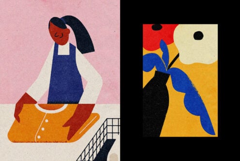 Abstract illustration with a person folding clothes and a colorful vase of flowers. Bold colors and geometric shapes. Suitable for graphic design projects.