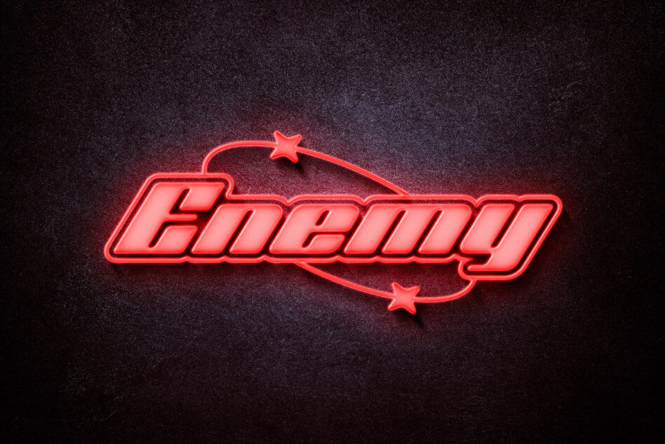 Neon red bold font mockup on textured dark background with retro stars element suitable for graphic designers and typography enthusiasts.