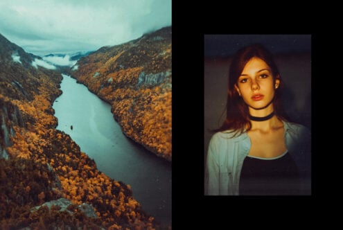 Moody autumn river landscape meets portrait of woman with choker. Perfect for artistic graphics, design inspiration, or photography mockups.