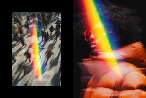 Dynamic urban scene with rainbow light overlay showing a crowd and a person in sunglasses. Ideal for graphic design, vibrant colors, creative projects.