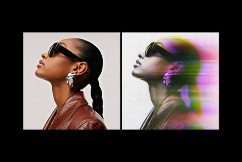 Side-by-side images of a woman in sunglasses and earrings, one original and one with glitch effect. Ideal for graphic design projects, mockups, digital assets.