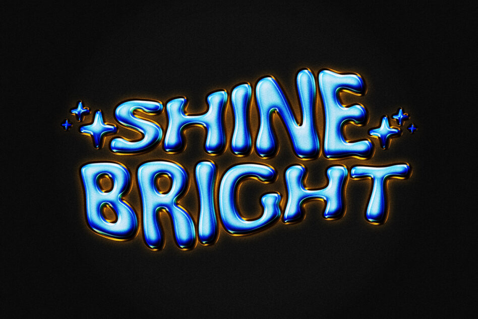 Text graphic with the phrase Shine Bright in glossy blue and gold with star accents isolated on a black background. Perfect for typography and design projects.
