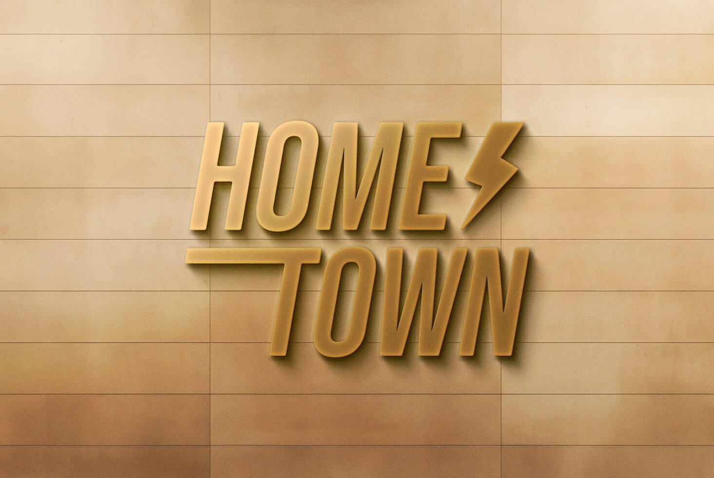 3D wall logo mockup featuring bold text Hometown with a lightning bolt on a textured beige wall background; ideal for branding or signage design.