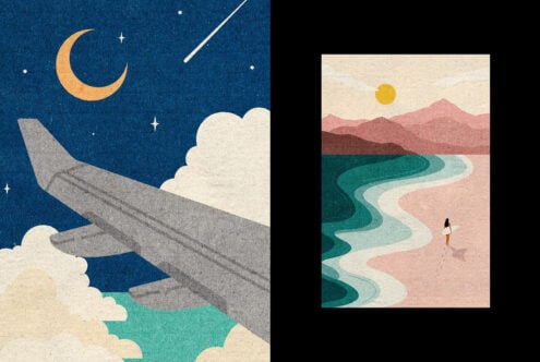 Digital illustration set featuring a plane wing against a night sky and a coastal scene with a surfer. Ideal for design mockups and graphics projects.