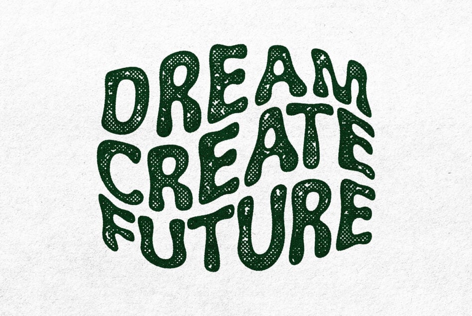 Forest green speckled bold letters arranged in circular text layout