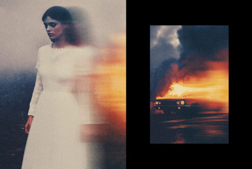 Abstract graphic template featuring a blurred woman in a white dress and a burning car. Perfect for design mockups and creative projects.
