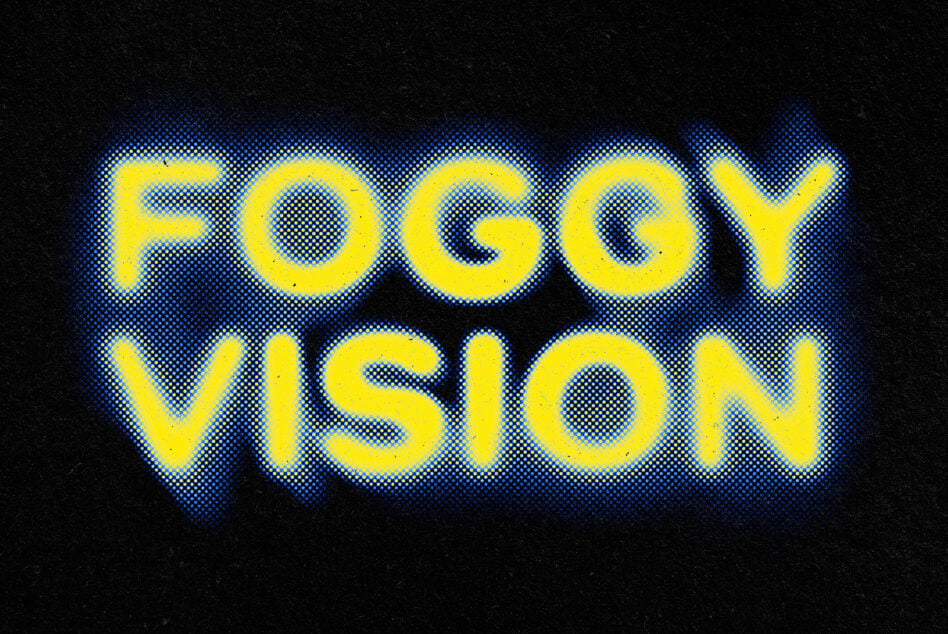 Bright yellow glowing neon text reading Foggy Vision with blue halftone glow effect