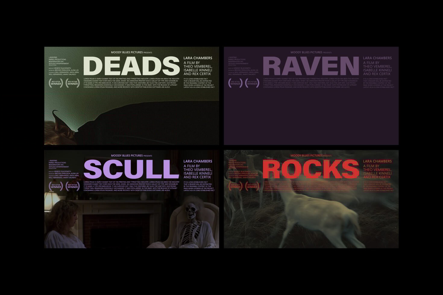 Film poster mockup set with four designs featuring bold titles: Deads Raven Scull Rocks. Perfect for graphic designers and digital asset marketplaces.