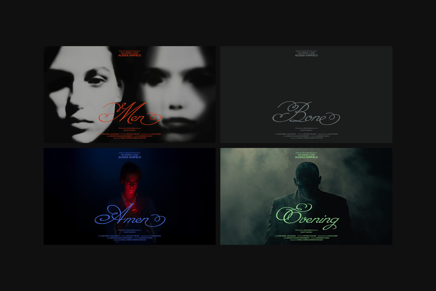 Dark themed graphic showcasing four movie posters with elegant typography and portraits. Keywords: Mockups, Graphics, Typography, Movie Posters, Design Assets.