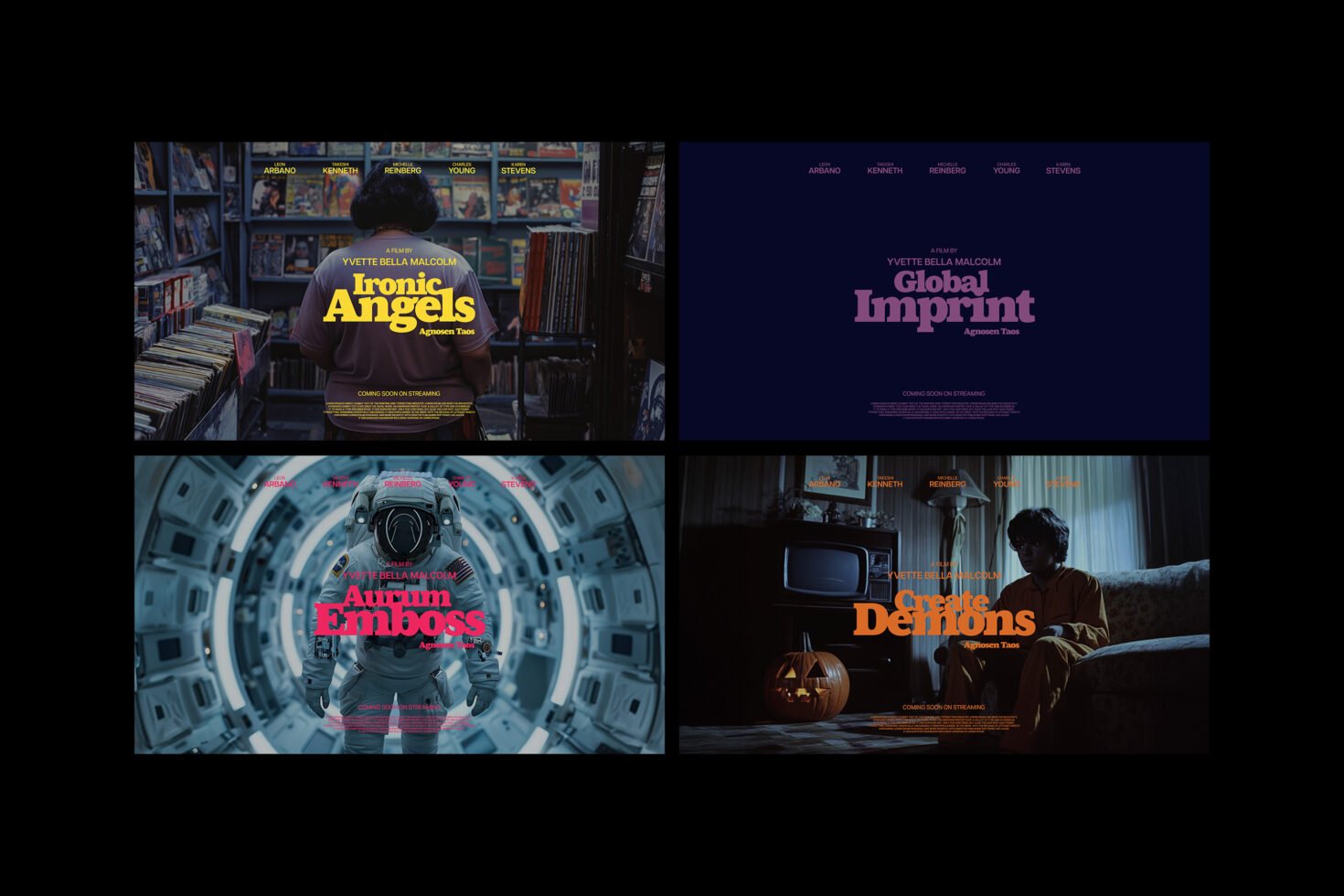 Four cinematic poster designs showcase bold typography. Ideal for designers seeking inspiration in fonts and graphics. Vibrant visuals, versatile templates.