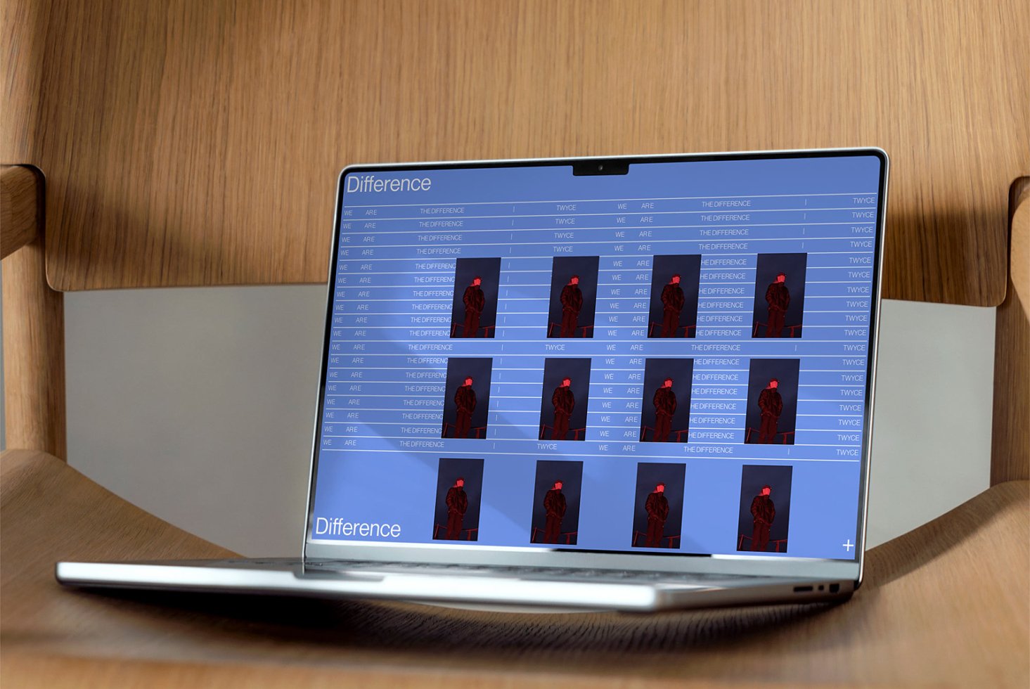 Laptop on a wooden chair showing a design software interface with repeated image thumbnails and text Difference ideal for design mockups and templates.