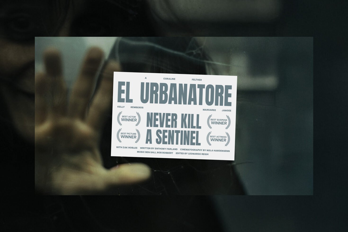 Movie poster mockup featuring a suspense film title Never Kill a Sentinel with award mentions. Suitable for designers. Keywords: poster mockup, film, graphics.