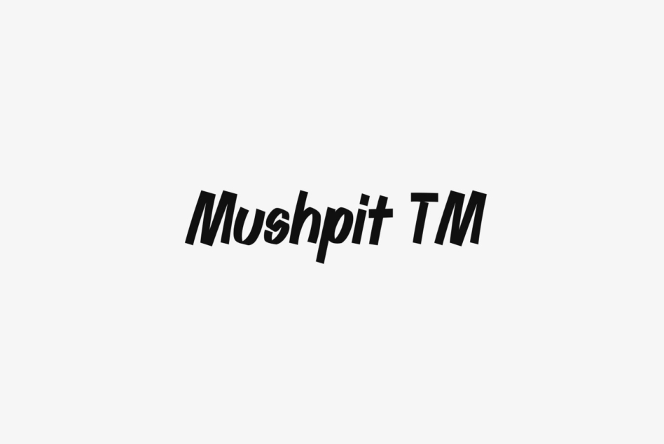 Mushpit TM italic sans serif typeface in black on light background