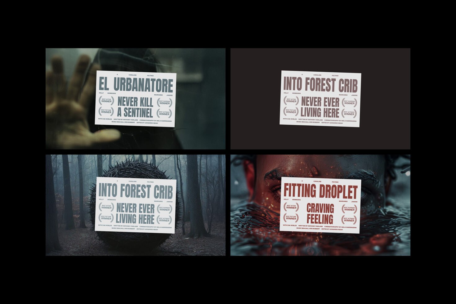 Four cinematic poster mockups for designers featuring dramatic typography. Themes include urban, forest, and water. Suitable for graphic design projects.