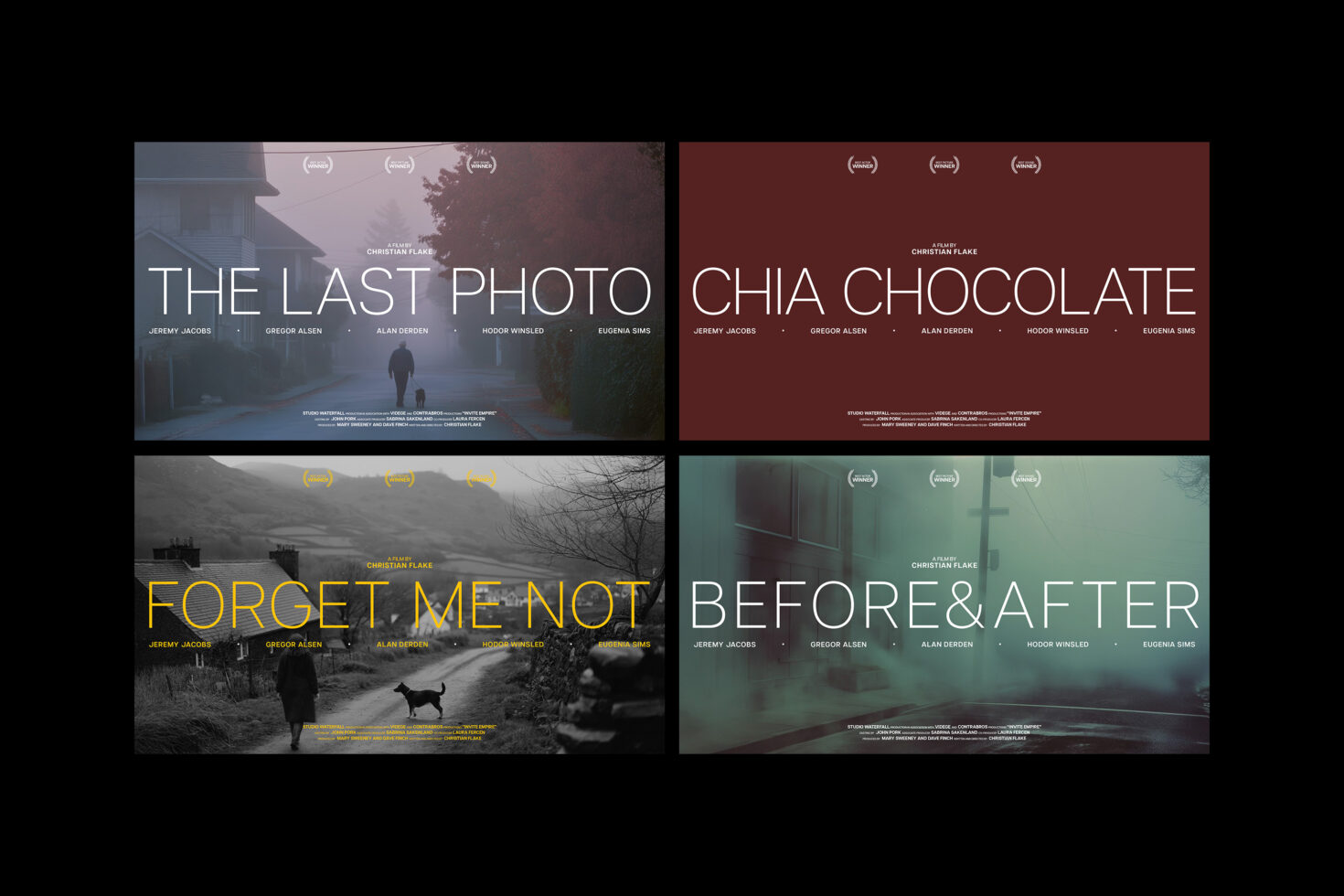 Four cinematic poster mockups displaying unique typography for movie titles: The Last Photo, Chia Chocolate, Forget Me Not, Before and After.