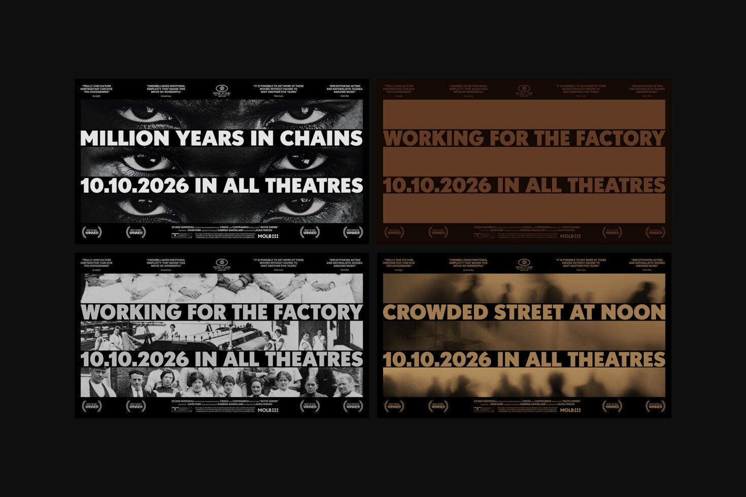 Film poster mockups with bold typography design, showcasing movie titles and release date in theaters; ideal for designers creating promotional graphics.