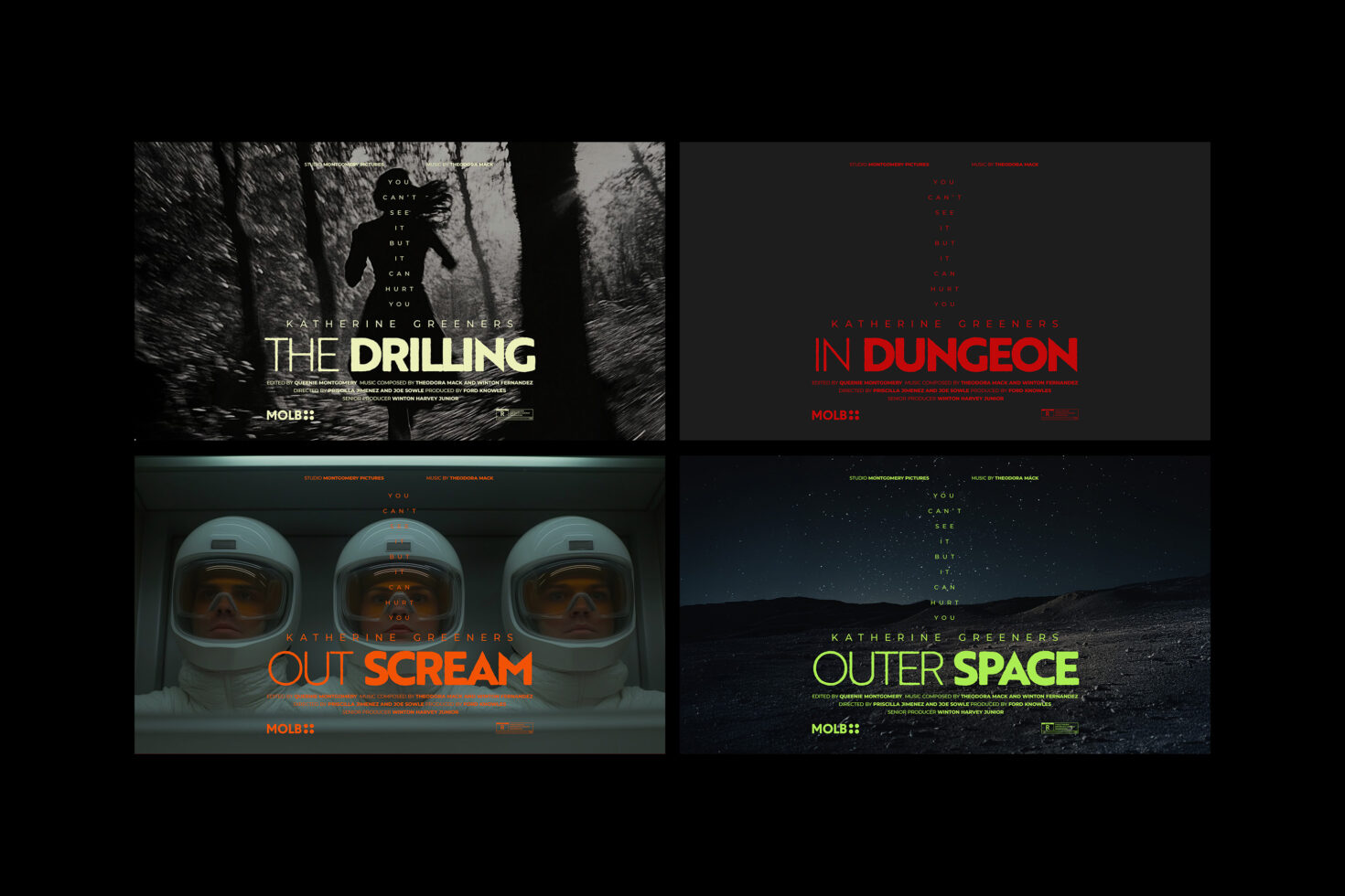 Movie title graphics collection featuring dramatic typography and space themes perfect for designers seeking unique font mockups and template designs.