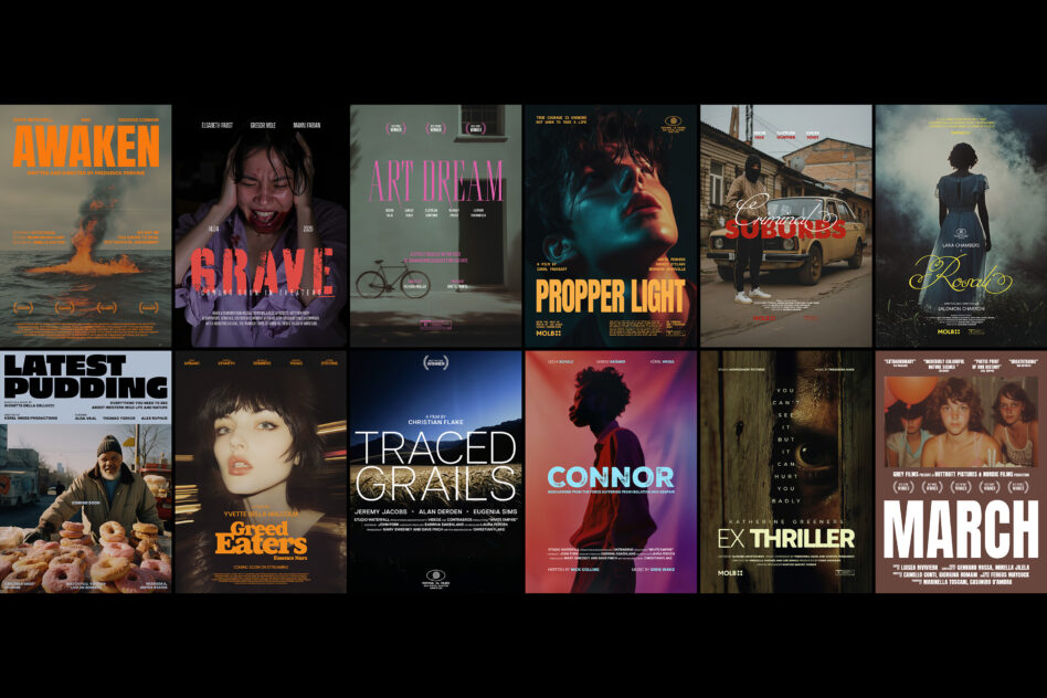 Grid of twelve film poster designs with varied typography, imagery layouts