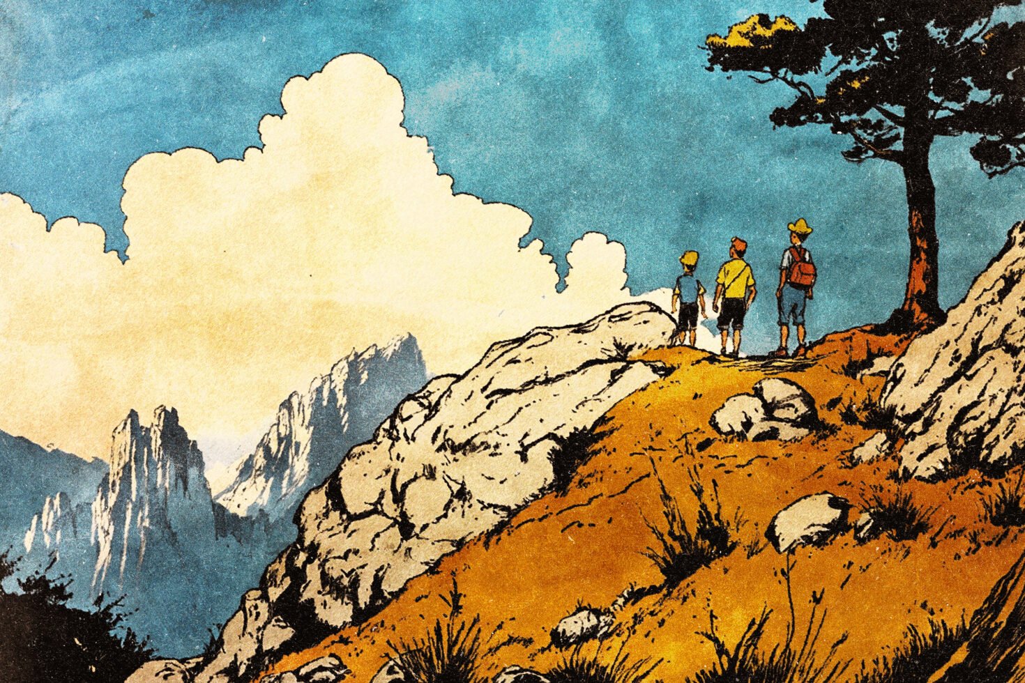 Vintage illustration of three people hiking in mountainous landscape. Ideal for designers seeking nature graphics, retro style. Perfect for templates and art.