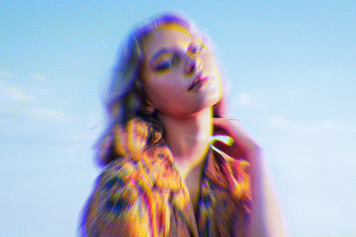 Colorful halftone graphic of a woman in vibrant attire on a blue background perfect for designers seeking creative digital assets or graphic templates.