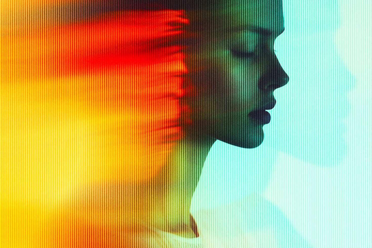 Abstract profile portrait with vivid red yellow gradient and blue green tones, perfect for graphic design projects and modern art inspiration