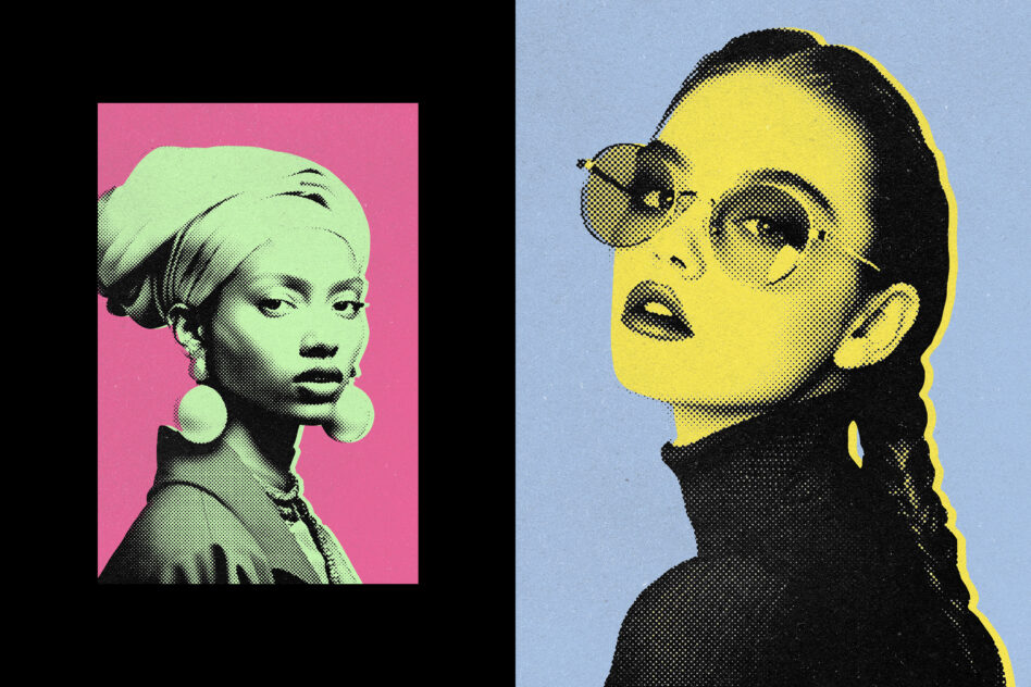 Two portrait panels, lime green on pink left, yellow on blue right