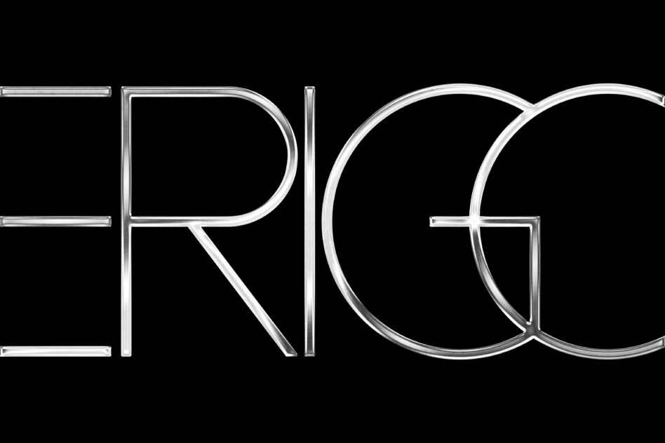 Minimal letter outline with brushed metal chrome finish on black