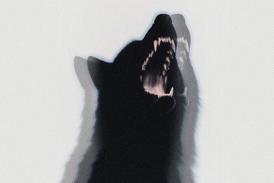Digital graphic of a wolf howling silhouette with halftone effect on light background. Ideal for designers seeking bold animal-themed visuals. Graphics asset.