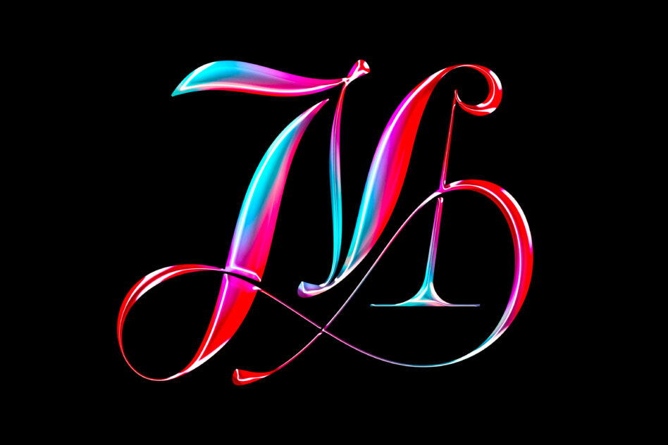 Stylized numerals 75 with neon pink, cyan, red gradient chrome finish