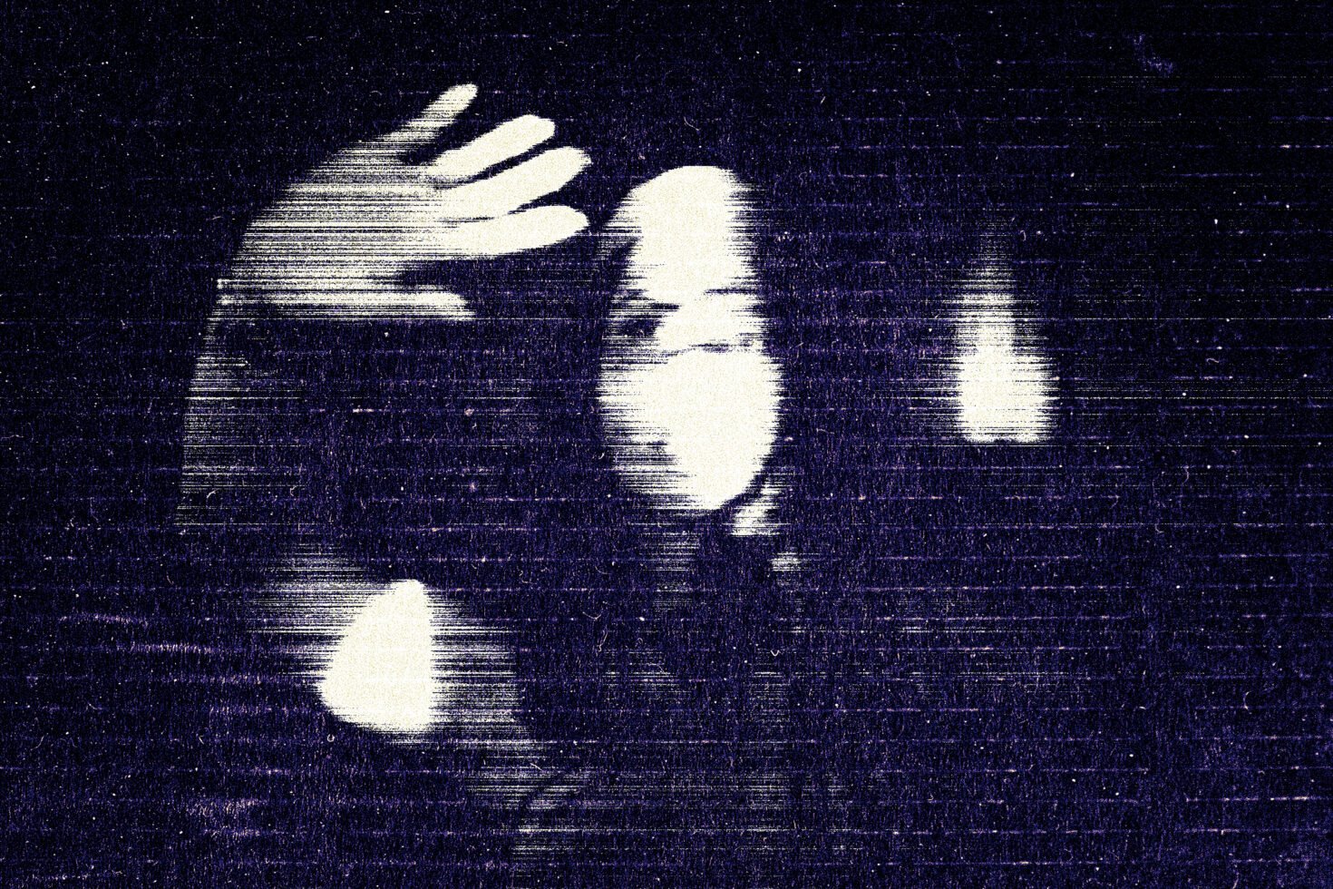 Abstract glitch art design with a haunting monochrome effect featuring a human face and hand. Ideal for graphic designers seeking unique textures.