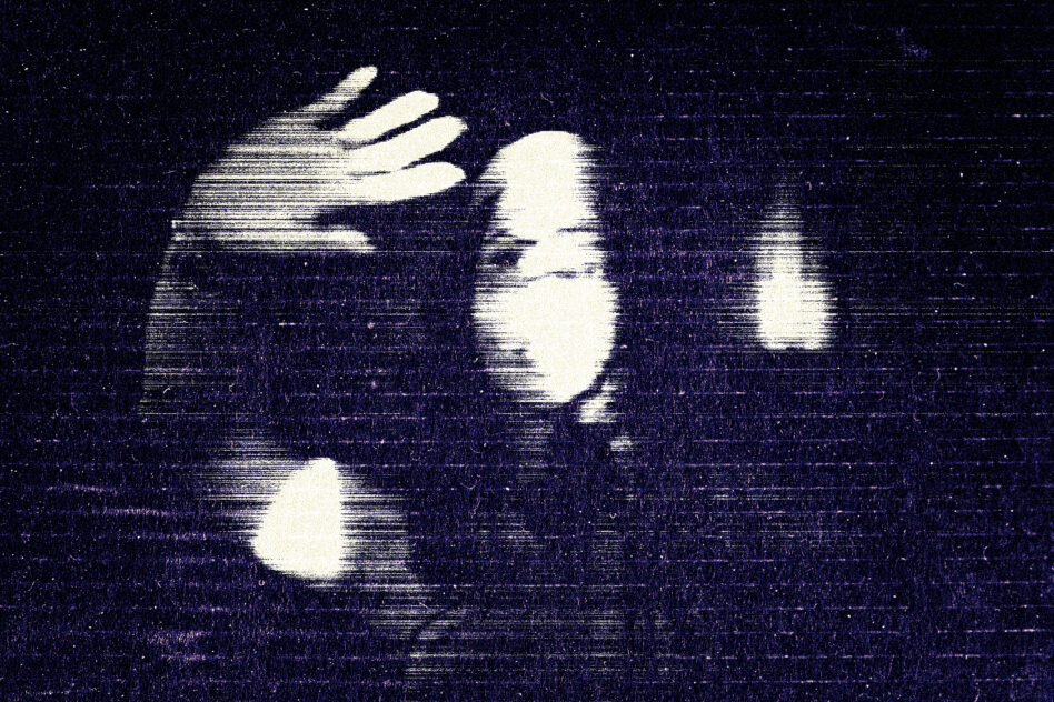 Abstract glitch art design with a haunting monochrome effect featuring a human face and hand. Ideal for graphic designers seeking unique textures.