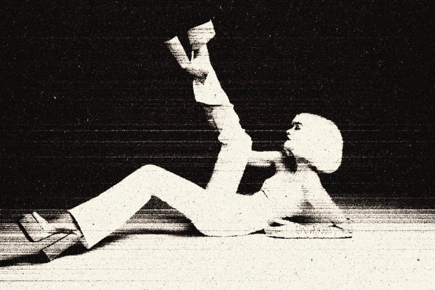Retro-style black and white graphic of a person reclining with one leg raised. Suitable for vintage design projects, poster templates, or artistic graphics.