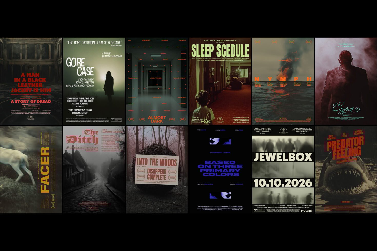Collection of dark-themed movie posters showcasing horror and thriller film designs. Ideal for designers seeking inspiration in graphics and layouts.