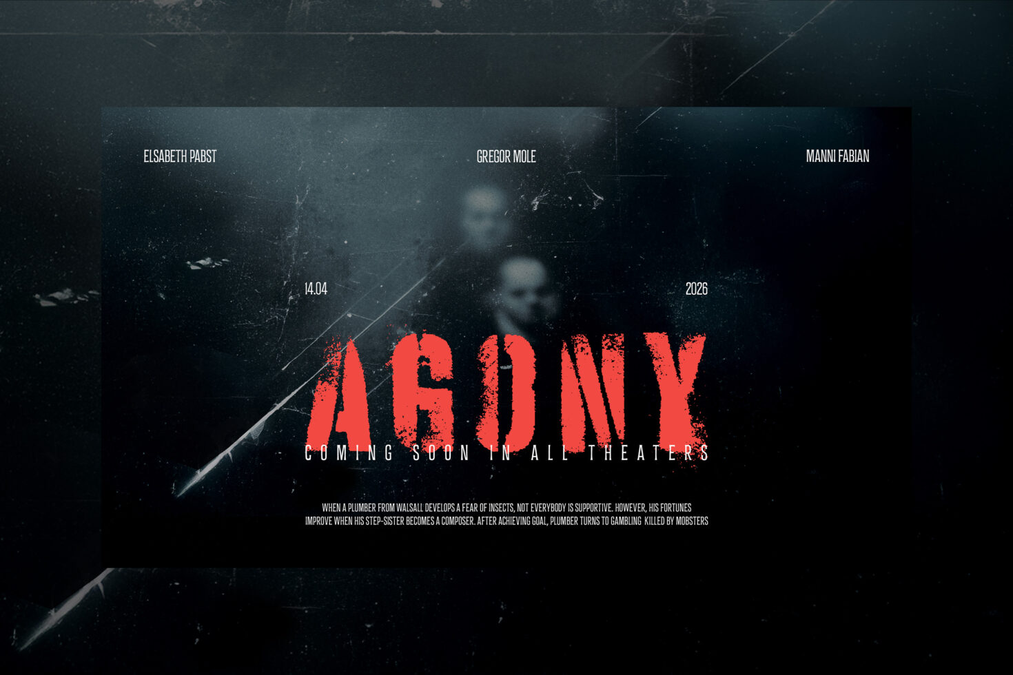 Dark grunge movie poster template titled Agony featuring distressed red text set against a textured background ideal for horror or thriller design projects.