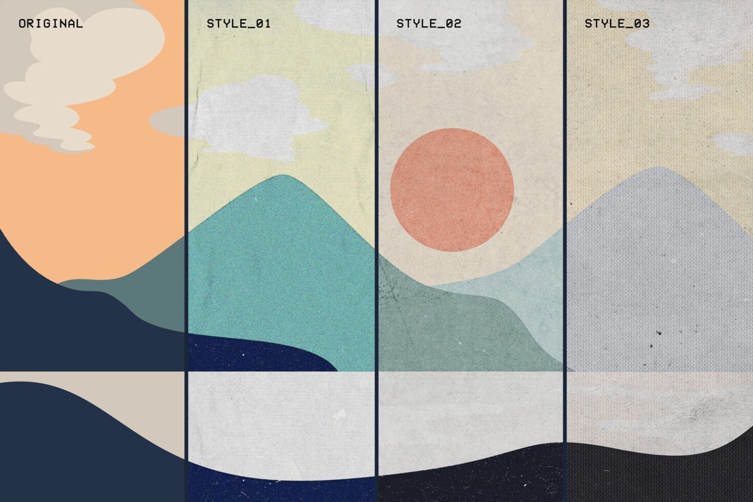 Abstract landscape design comparison featuring four distinct styles. Ideal for digital assets, graphic templates, and mockup inspiration for designers.